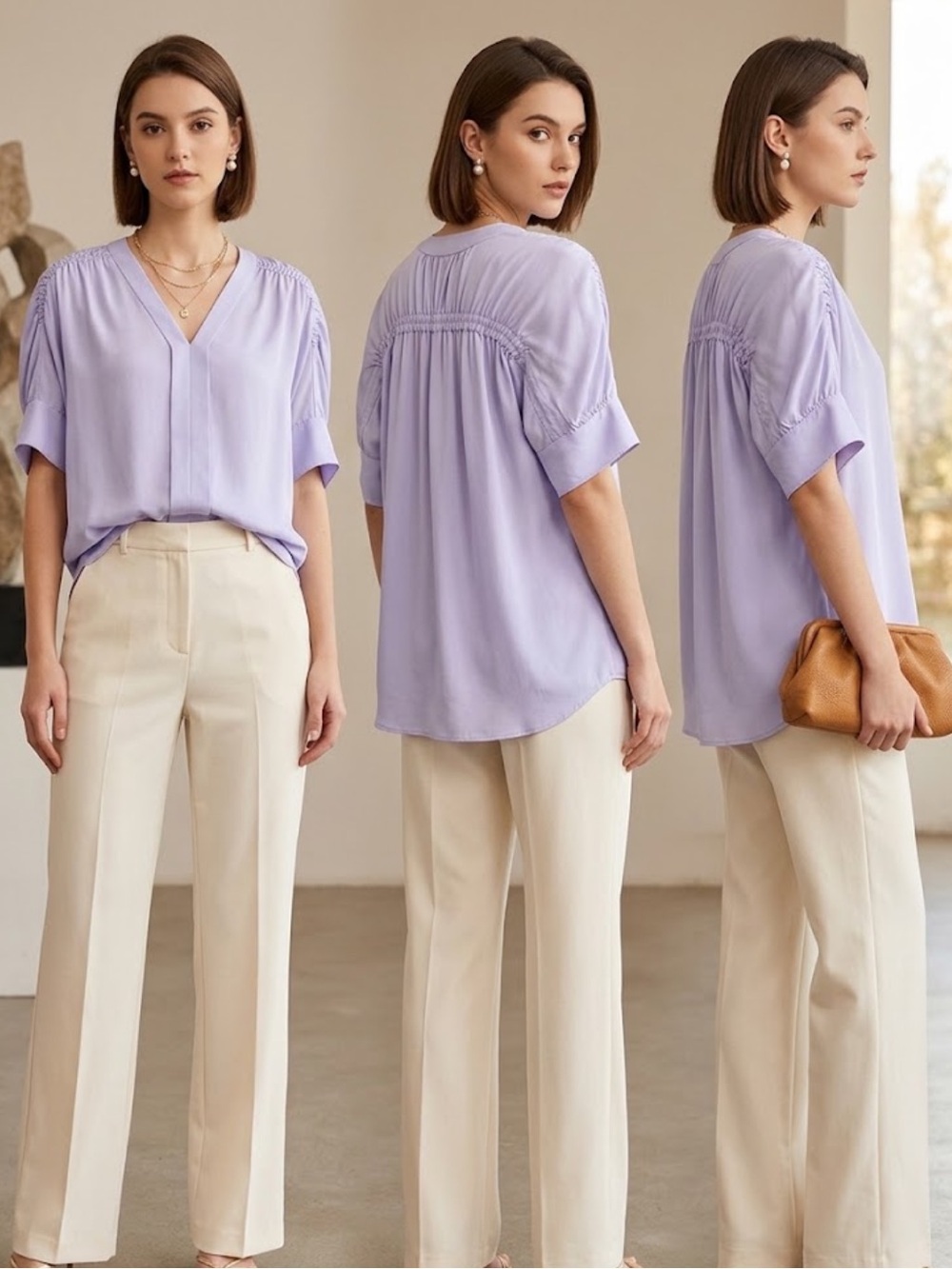 Elie Tahari 100% Silk Lavender V-Neck Pleated Short Sleeve Blouse Size XL